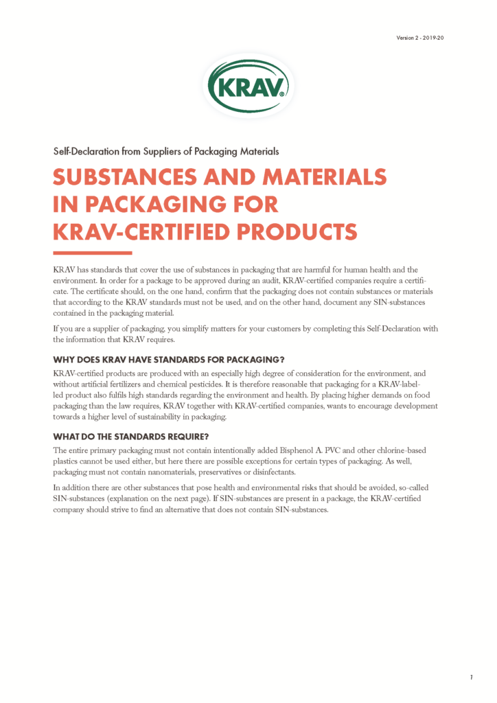 SelfDeclaration from Suppliers of Packaging Materials KRAV